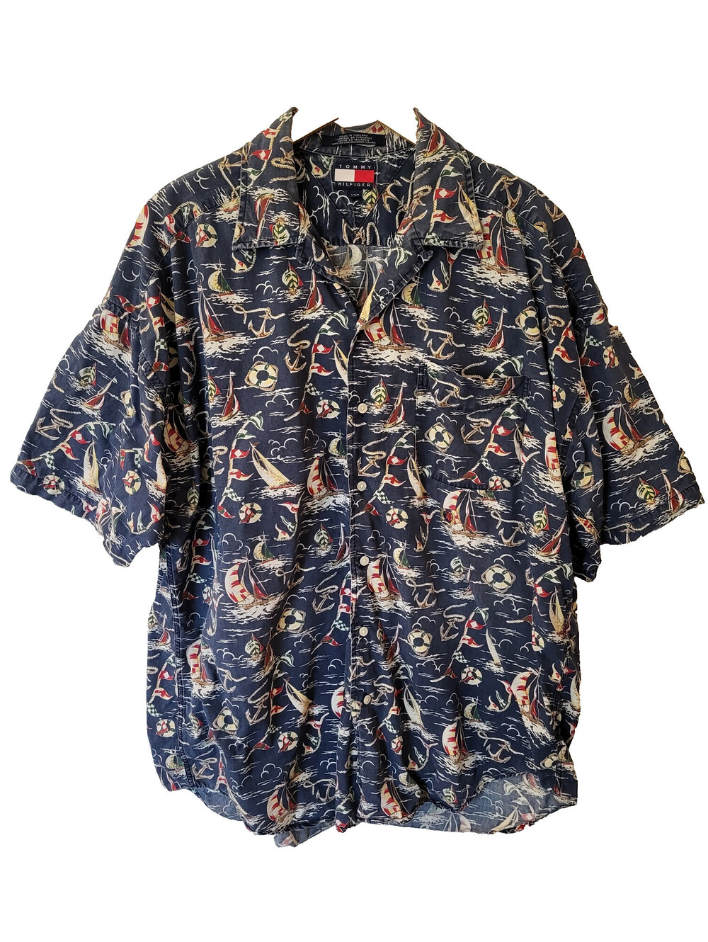 VTG Tommy Hilfiger Shirt Mens Sz L Blue All Over Print Boat Coastal Button Down